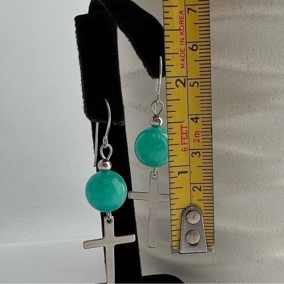 Jade Beaded Dangle Earrings with Cross Charms - Picture 6 of 12